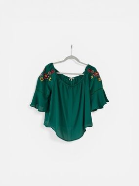 bleuh ciel Emerald Off-Shoulder Blouse with Floral Embroidery